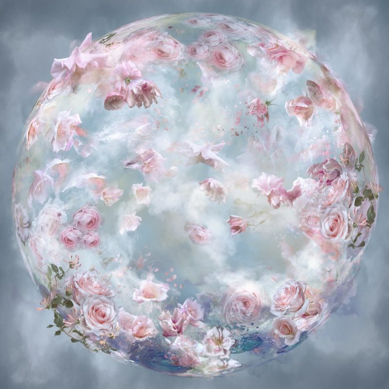floral sphere filled with pink flowers and clouds