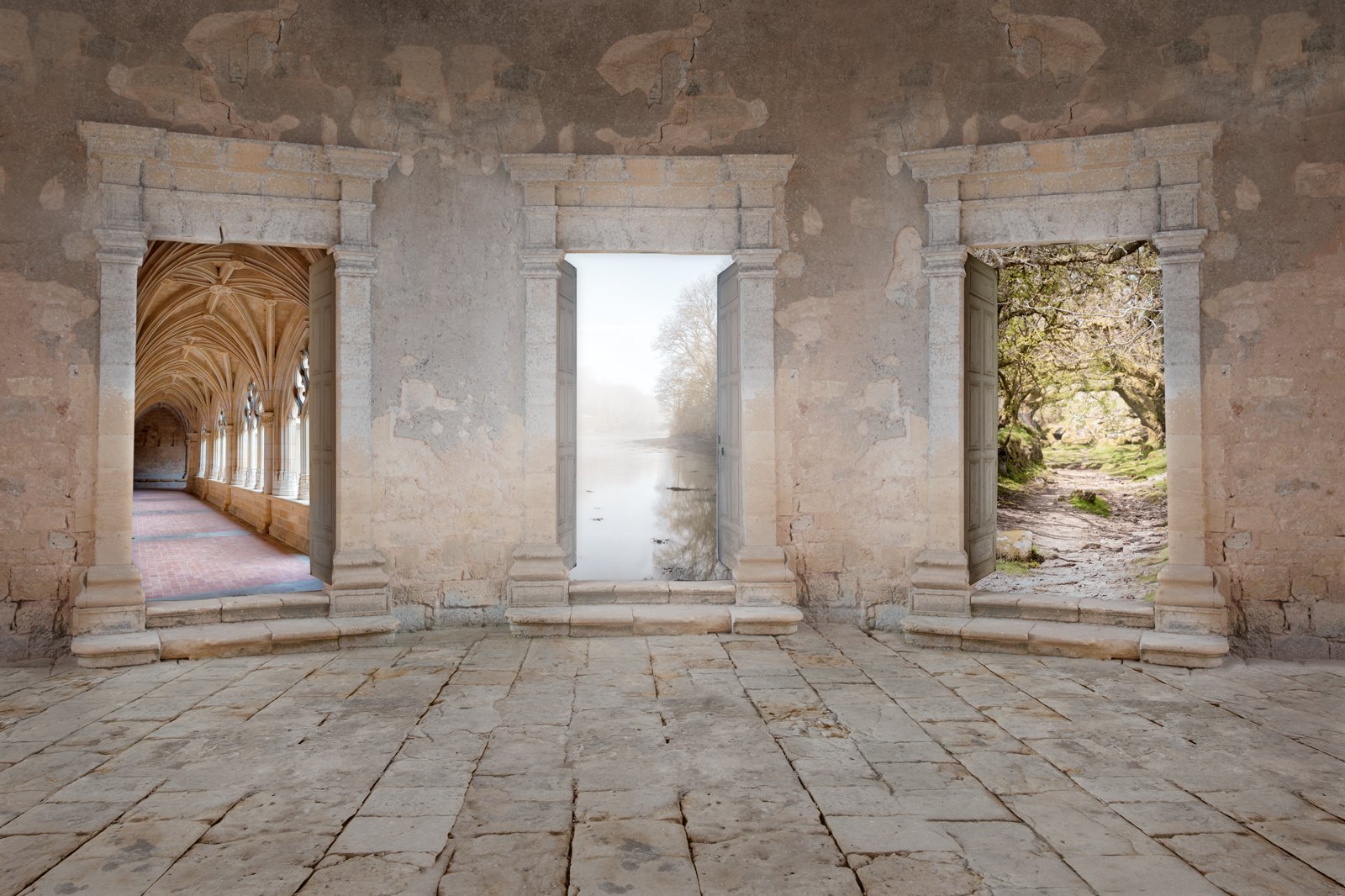 photo art showing three doors leading to tranquil spaces
