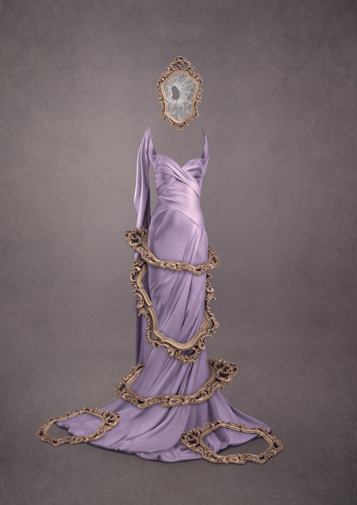 figurative art depicting a female form draped in lilac, the colour of vanity trapped in mirror frames