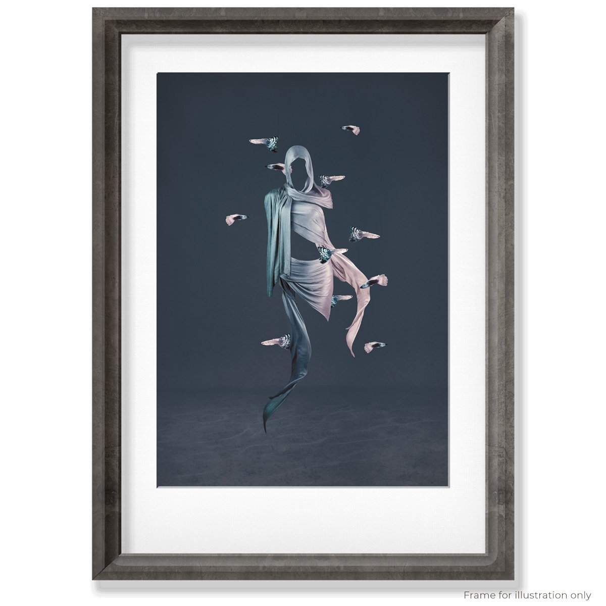 Photo art featuring fish swimming through a figure created from silks