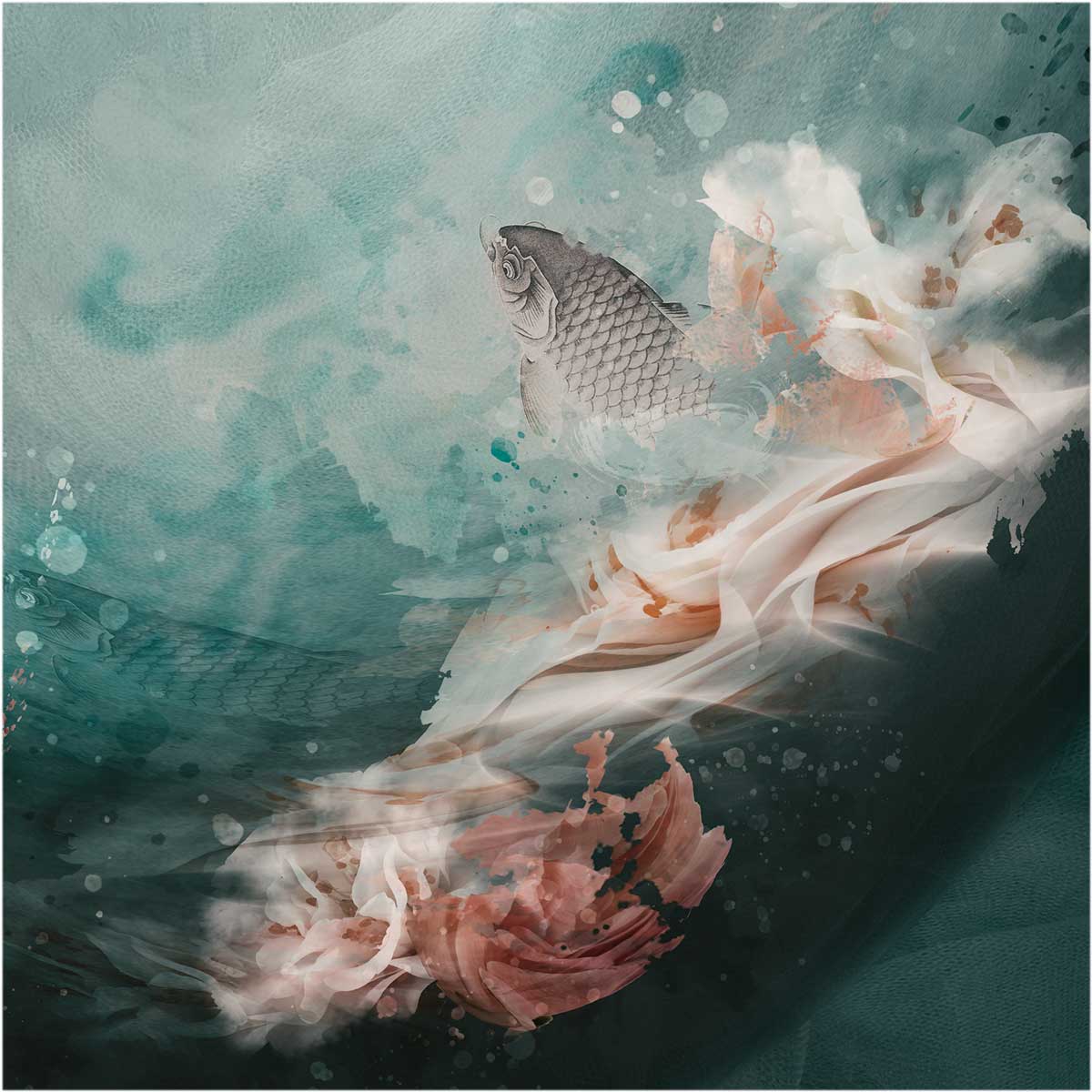 creative photography featuring flowers on a turquoise background with japanese style fish