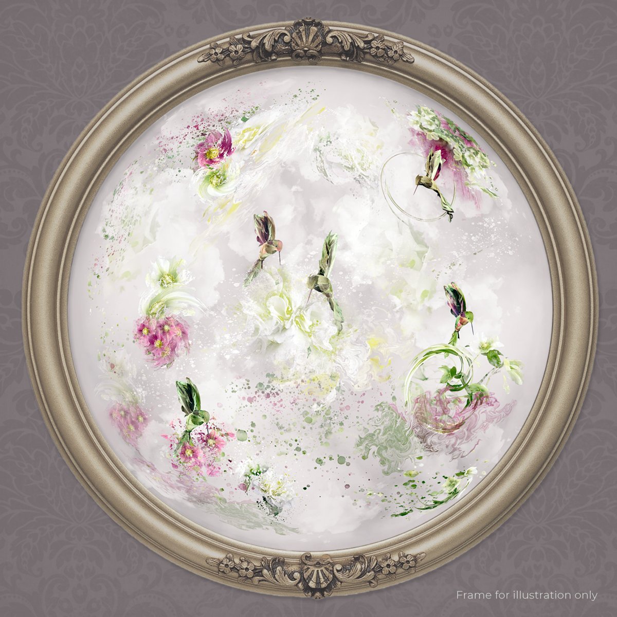 The Hummingbirds floral sphere art in gold frame