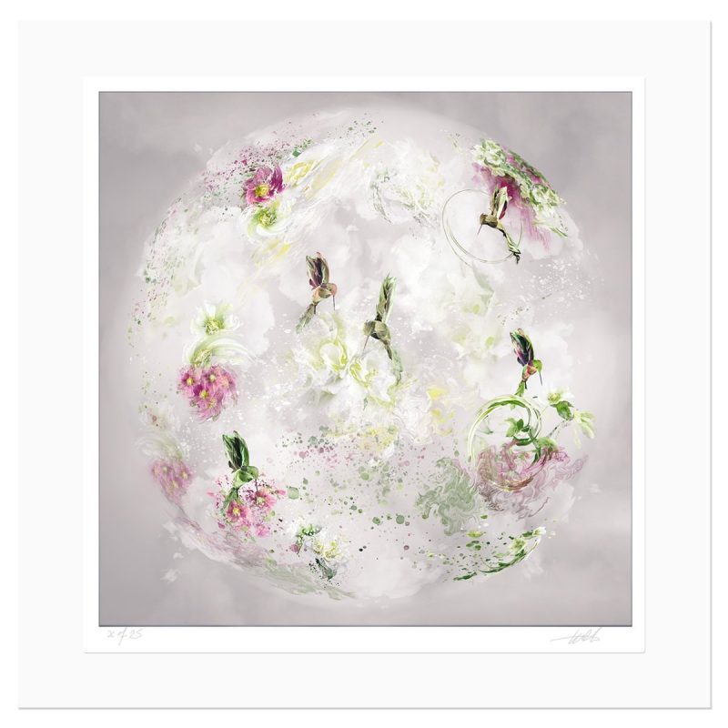The Hummingbirds photographic art print shown in a white matt surround